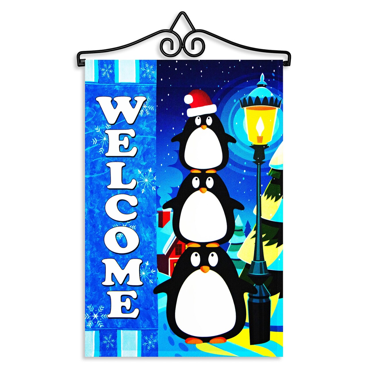 G128 Combo Pack Garden Flag Hanger 14IN & Garden Flag Welcome 3 Penguins 12x18IN Printed 150D Polyester
